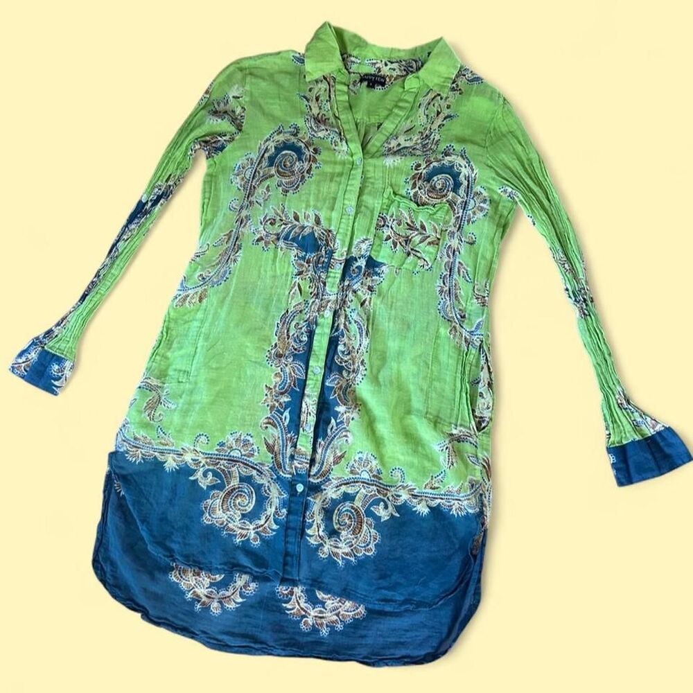 100% Cotton Boho Paisley Button Up Tunic Blouse Ruched Sleeves Women's L